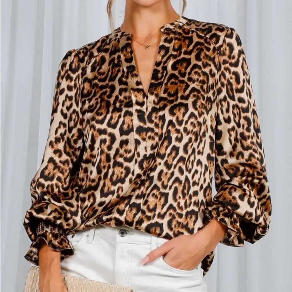 Beautiful Henley Neck Smocking Detail Leopard Print Blouse